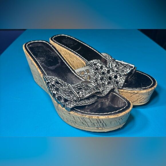 Yellow Box Braided Metallic Rhinestone Buckle Cork Wedge Sandals Size 8 EPC - Picture 7 of 8